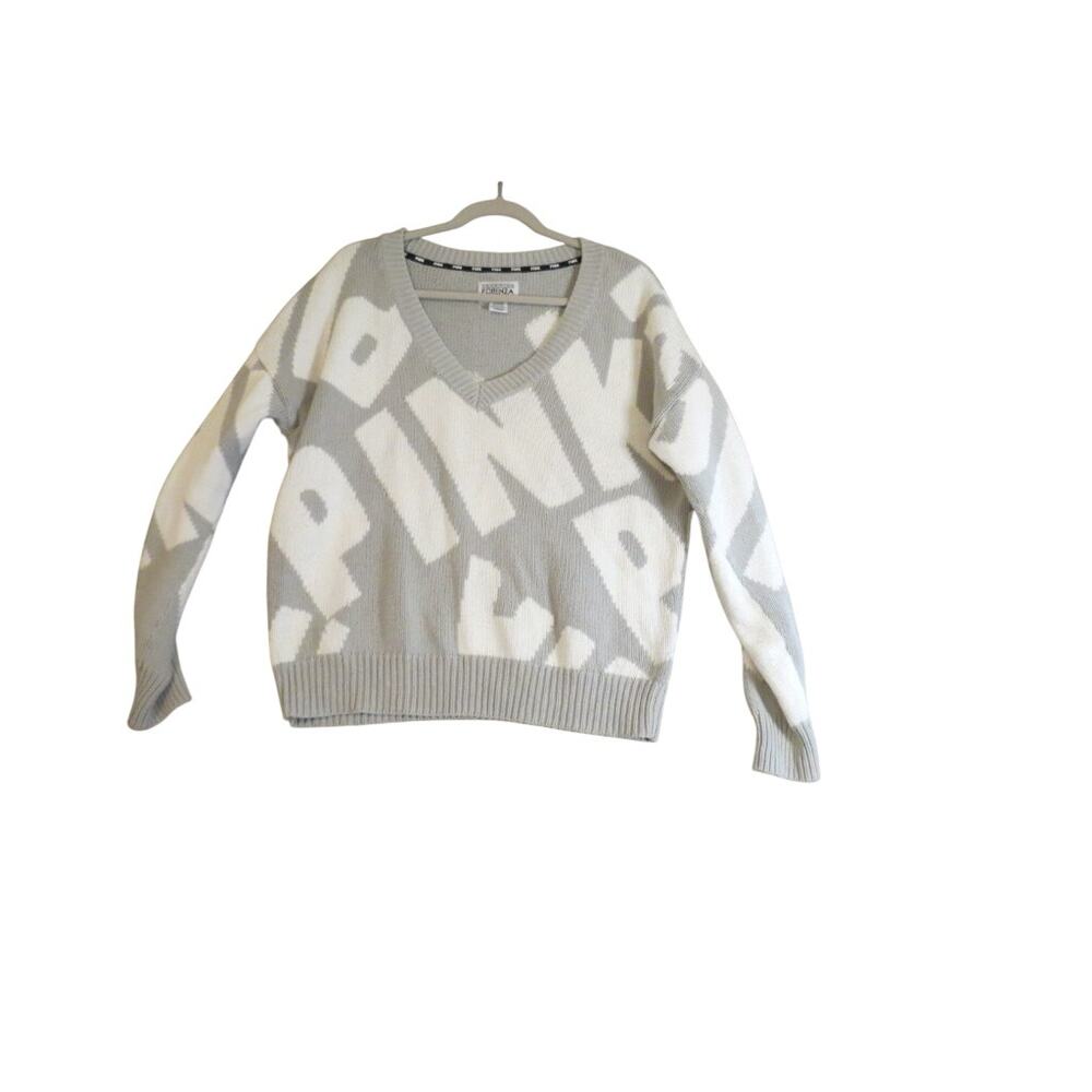 Victoria’s Secret PINK Sweater Heritage V Neck Oversized Gray Logo Medium
